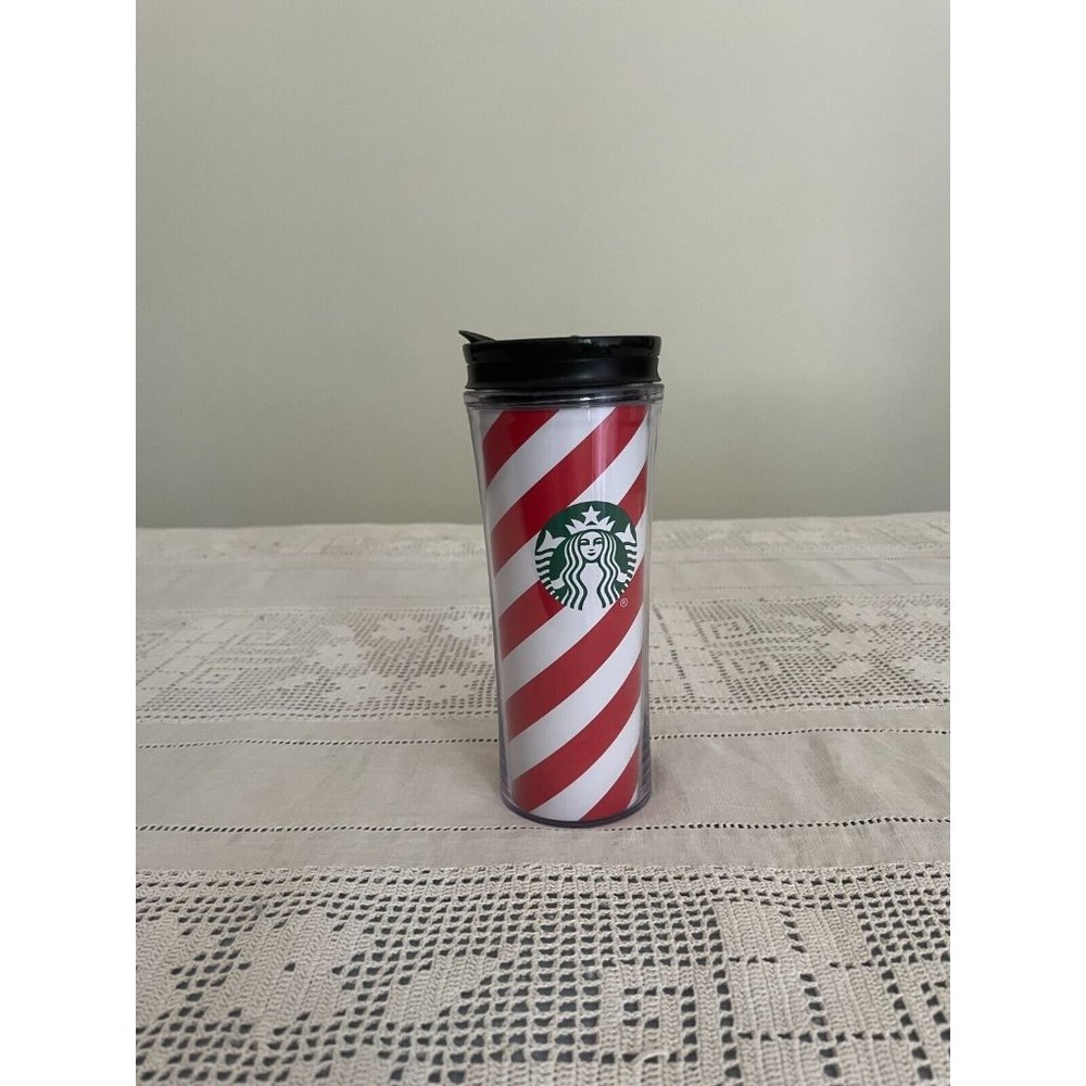 Starbucks 16 oz tumbler with lid red & white candy cane stripe Christmas